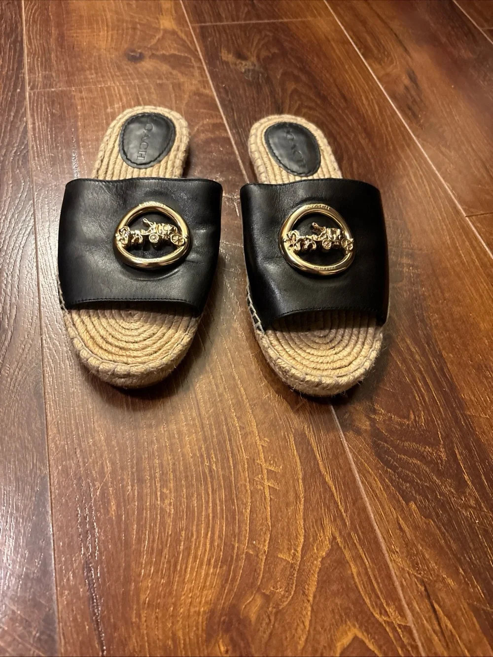 Coach Shoes Coach Camille Espadrille Jute Footbead Black Leather Gold Size 7